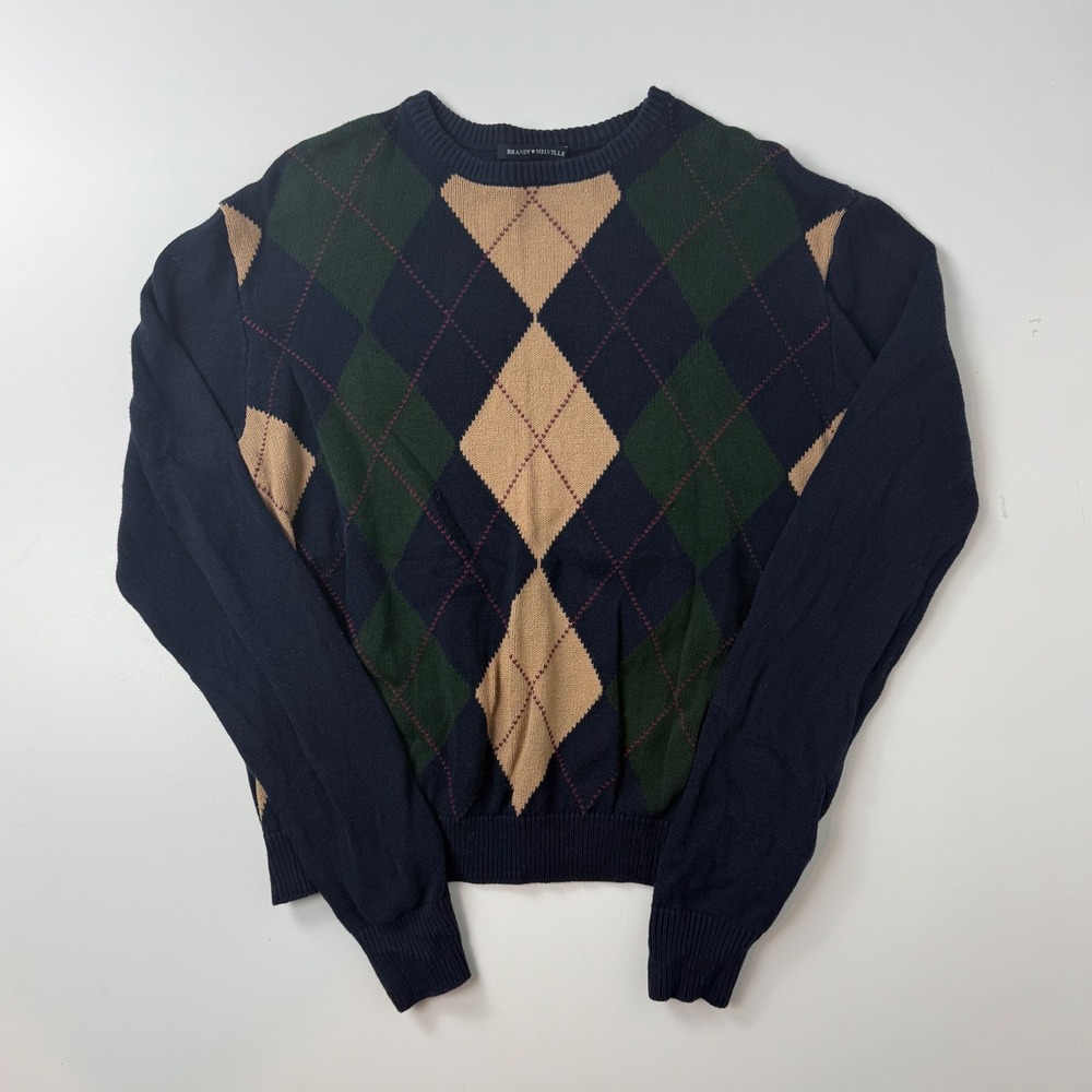 Brandy Melville Navy Blue Green Tan Argyle Crewneck Sweater Womens One Size